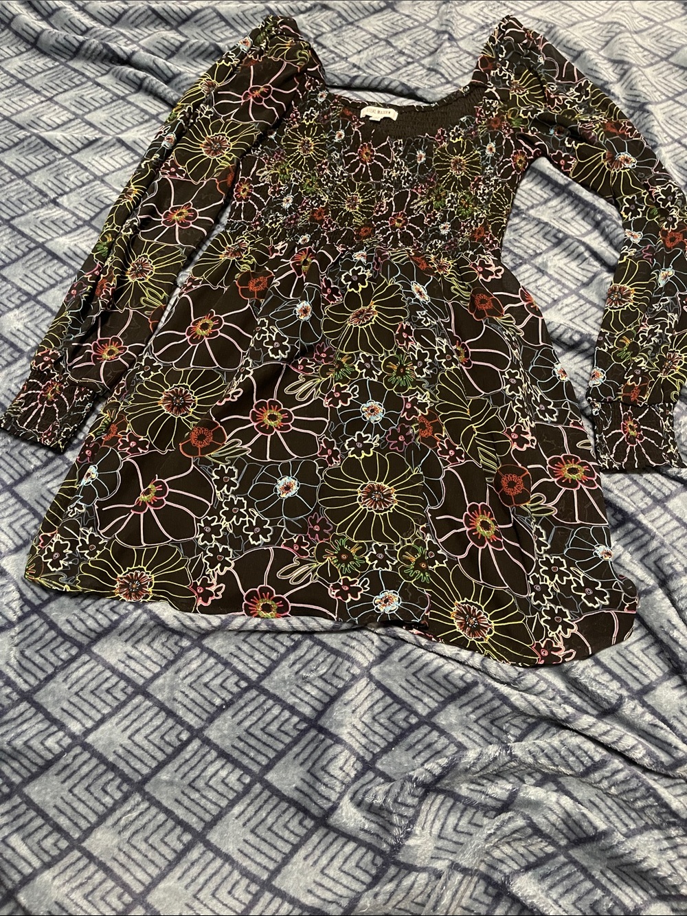 Steve Madden Black Floral Smocked Mini Dress with Multicolor Print